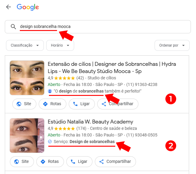 Exemplo de justificativa de serviços nos resultados do Google