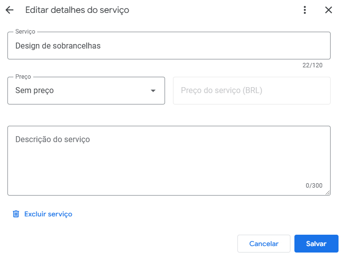 Editor de serviço do Perfil da Empresa
