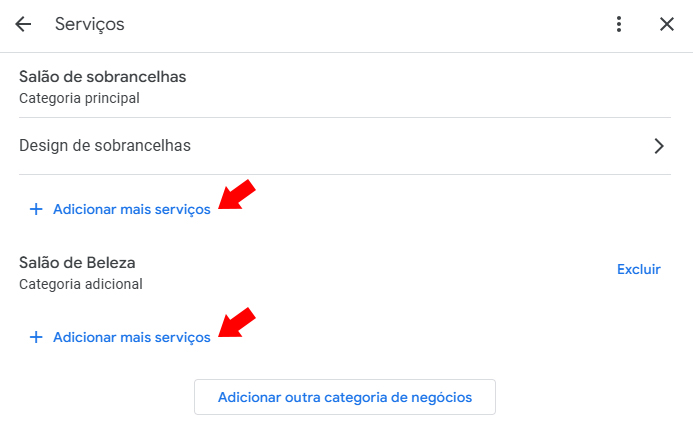 Serviços organizados por categoria no Perfil da Empresa