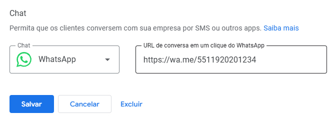 Campo Chat para adicionar o WhatsApp no Perfil da Empresa